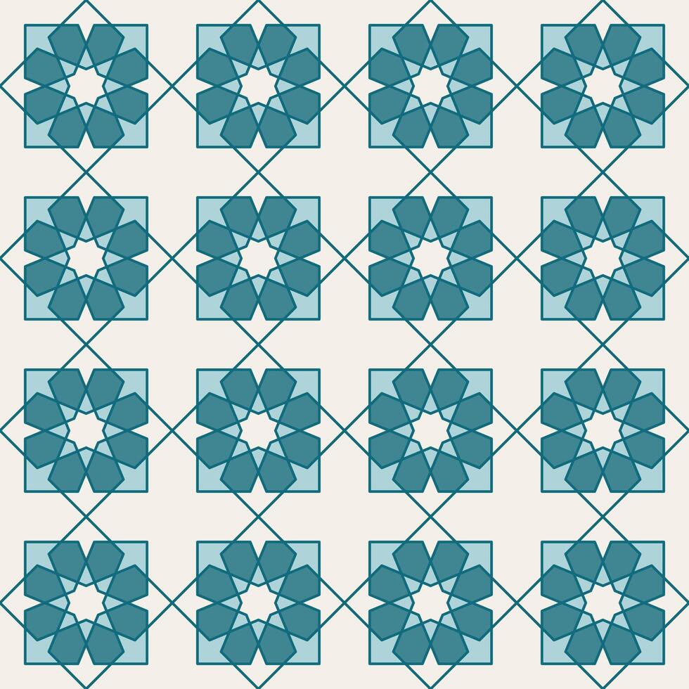 Arabisch meetkundig mozaïek- afdrukbare naadloos patroon met abstract Marokkaans afdrukken in blauw en oranje kleuren. Ramadan kareem traditioneel Islamitisch kunst illustratie achtergrond vector