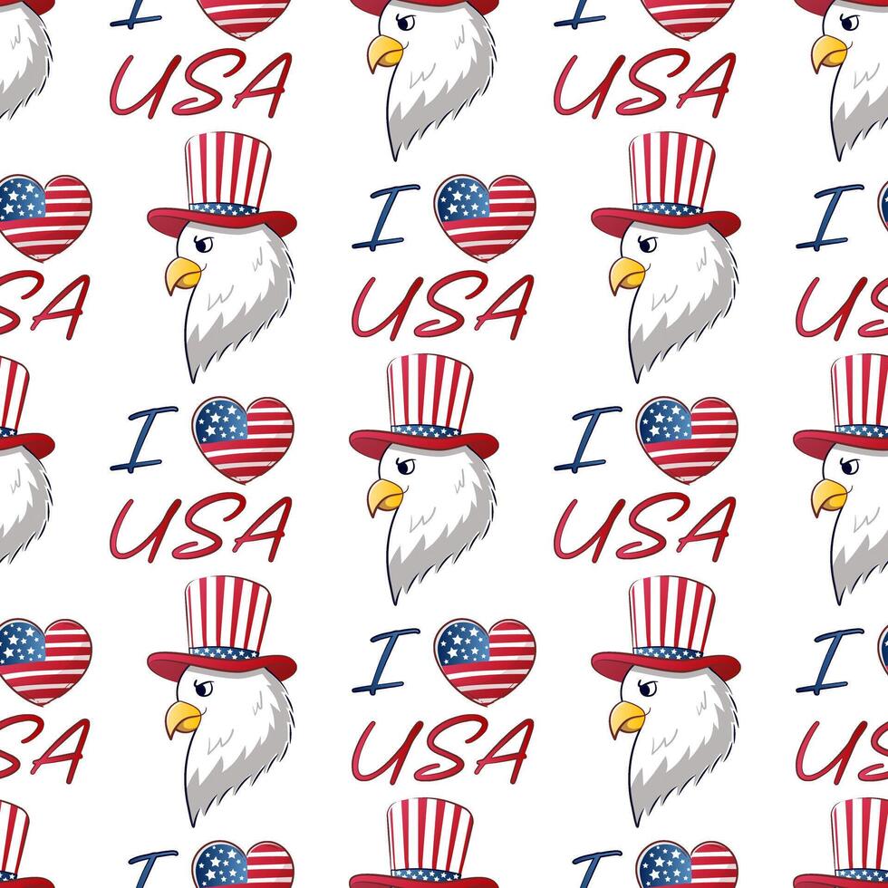 naadloos patroon voor 4e van juli Verenigde Staten van Amerika onafhankelijkheid dag met tekenfilm adelaar in top hoed vector