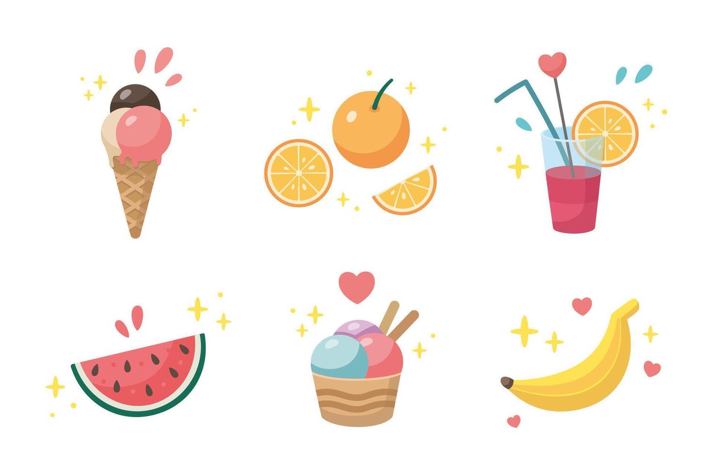 zomer populair voedsel set. schattig zomer fruit, ijs room pictogrammen verzameling. zomertijd elementen. strand partij illustratie. tekenfilm illustratie. vlak ontwerp. vector