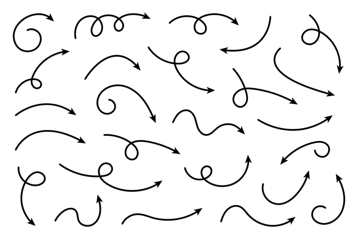 verzameling van lijn pijlen. reeks gemakkelijk gebogen hand- getrokken pijlen. verzameling van aanwijzingen. vector