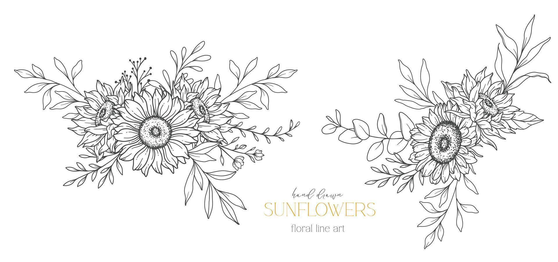zonnebloemen lijn kunst, prima lijn zonnebloemen hand- getrokken illustratie. prima lijn zonnebloemen illustratie. bloemen lijn kunst. zwart en wit zonnebloemen grafiek vector