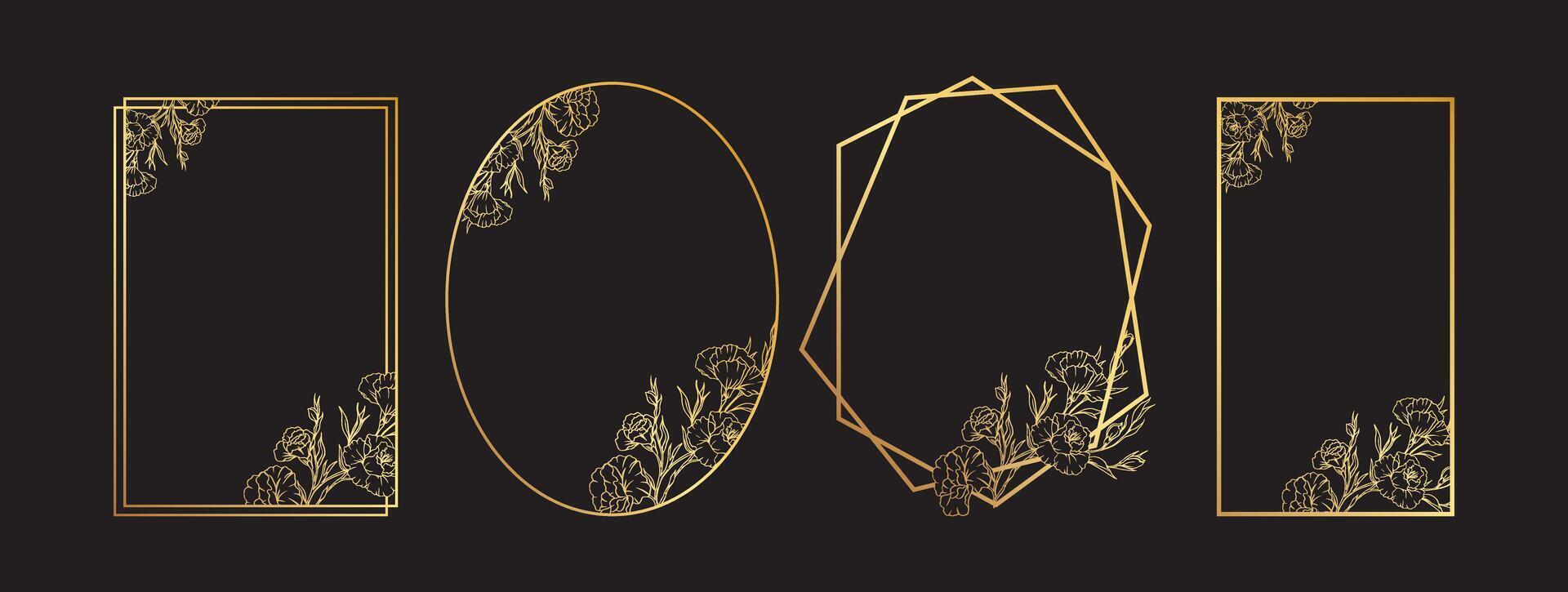 luxe bloemen meetkundig lijsten, gouden botanisch grens ontwerp, elegant lijn kunst ontwerp van bloemen en bladeren kaders voor uitnodiging. illustratie vector