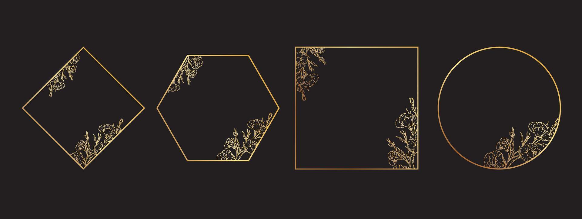 luxe bloemen meetkundig lijsten, gouden botanisch grens ontwerp, elegant lijn kunst ontwerp van bloemen en bladeren kaders voor uitnodiging. illustratie vector