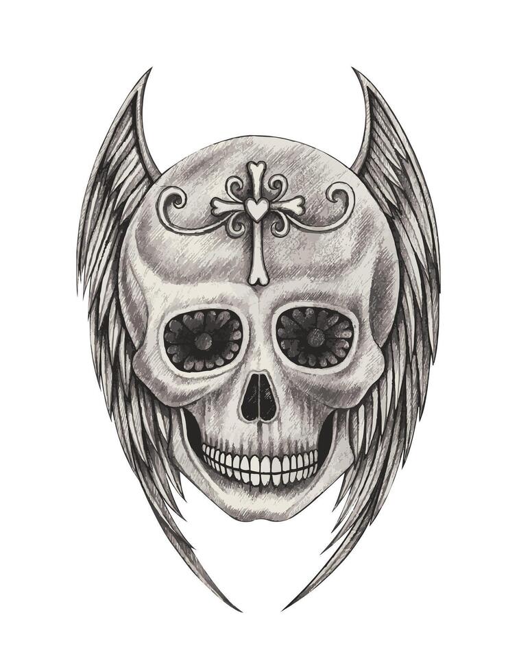 schedel tatoeëren engel Vleugels ontwerp door hand- tekening Aan papier vector