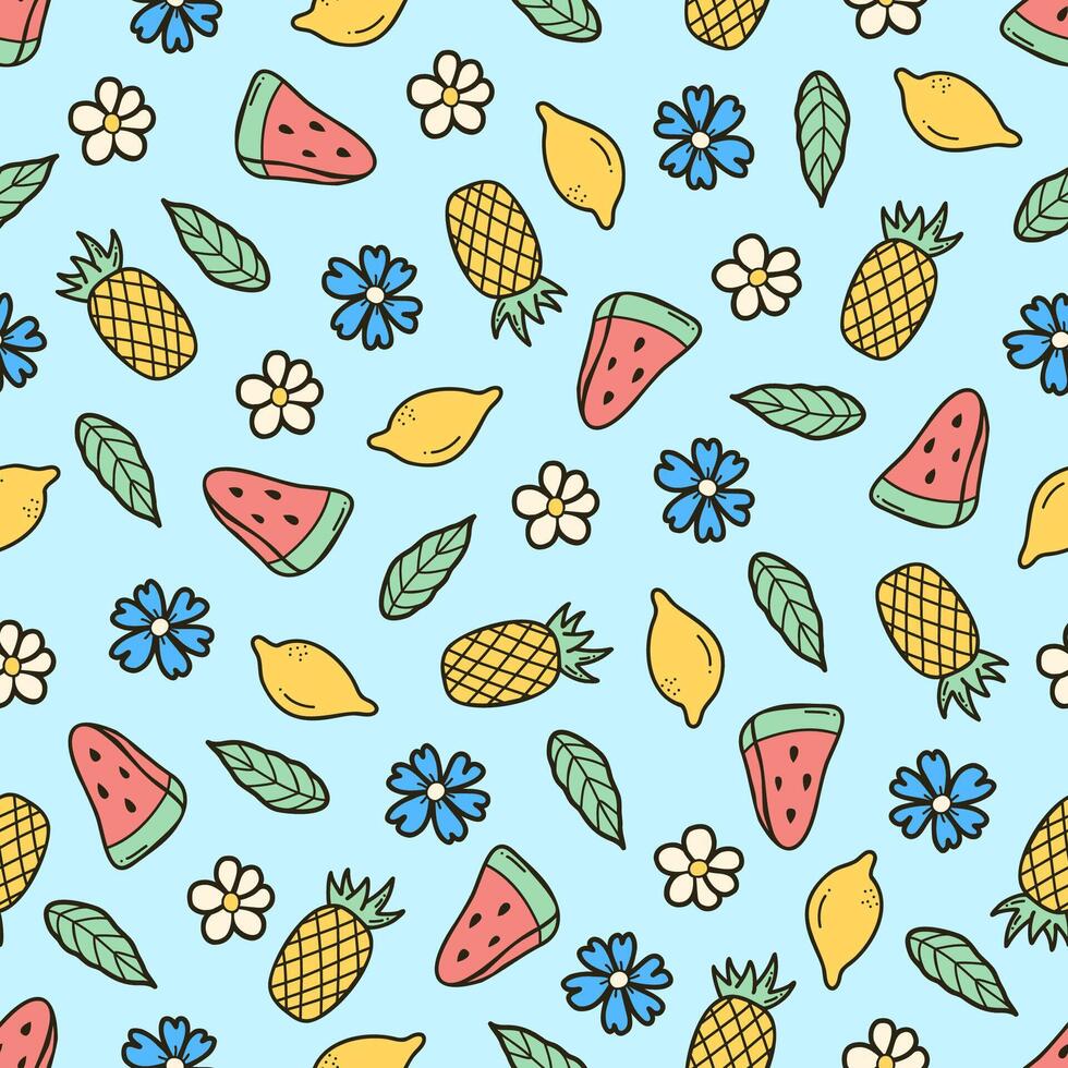 zomer naadloos patroon met citroen, watermeloen, ananas, bloemen en blad. Aan een blauw achtergrond. vector