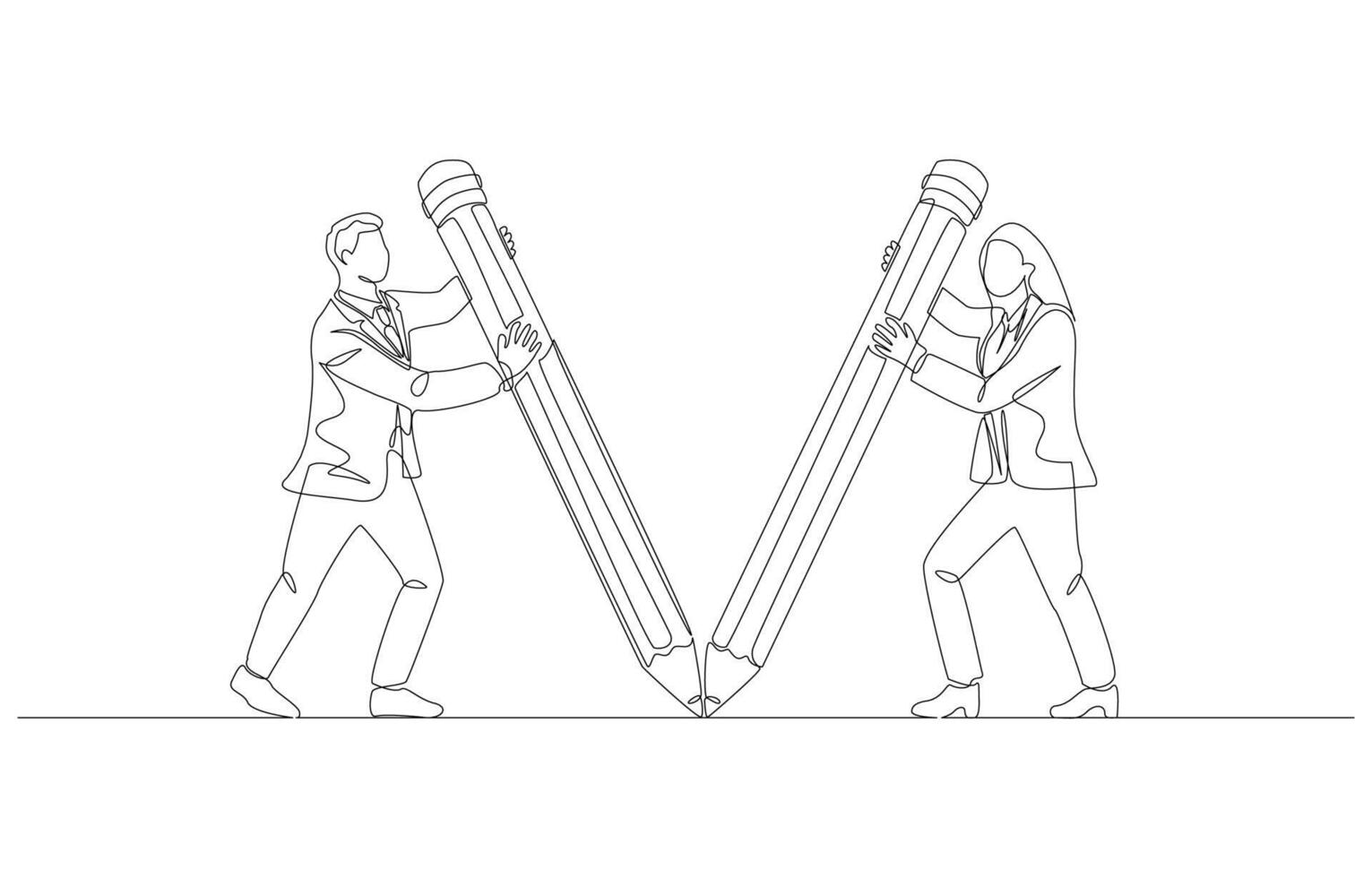 doorlopend een lijn tekening van zakenman en zakenvrouw trek Rechtdoor lijnen Verbinden elk ander, bedrijf vennootschap, fusie en acquisitie concept, single lijn kunst. vector