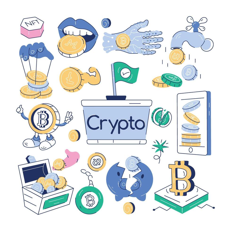 een tekening vector presentatie van divers elementen van crypto investering en blockchain trends