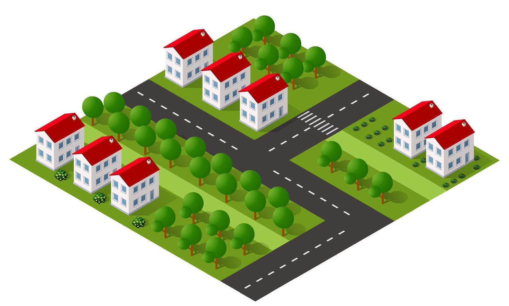 isometrische 3d illustratie van het stadsdeel met huizen vector