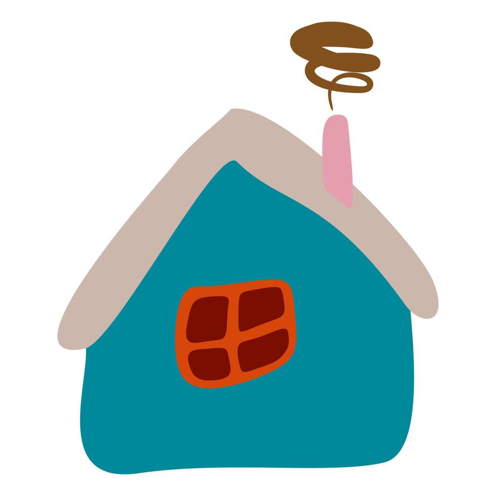klein kleurrijk scheef huis in vlak stijl met rook van schoorsteen, dak en venster. tekenfilm kinderen tekening illustratie geïsoleerd wit achtergrond. ontwerp kunst huis voor sticker, kaart, poster. vector