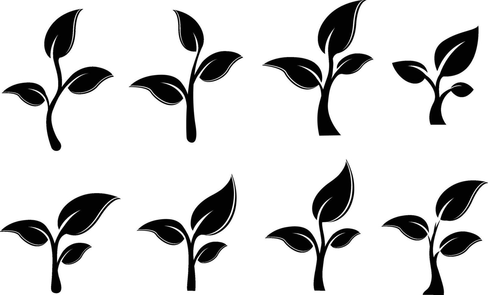 reeks van logo spruiten in zwart, een takje met drie bladeren. biologisch creatief symbool concept, natuurlijk biocosmetica, natuur vector