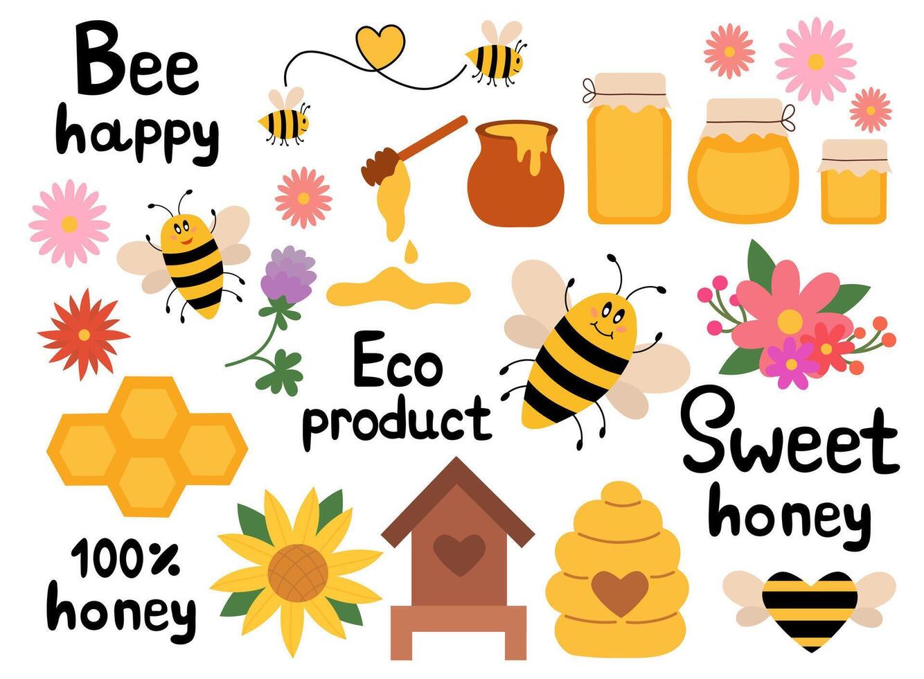 honing vlak reeks elementen, bijenteelt industrie. potten en pot, beer lepel. honingraten, bijenkorf. grappig bij. bloemen, zonnebloem. en belettering. biologisch eco boerderij vers voedsel en bloemen. klem kunst . vector