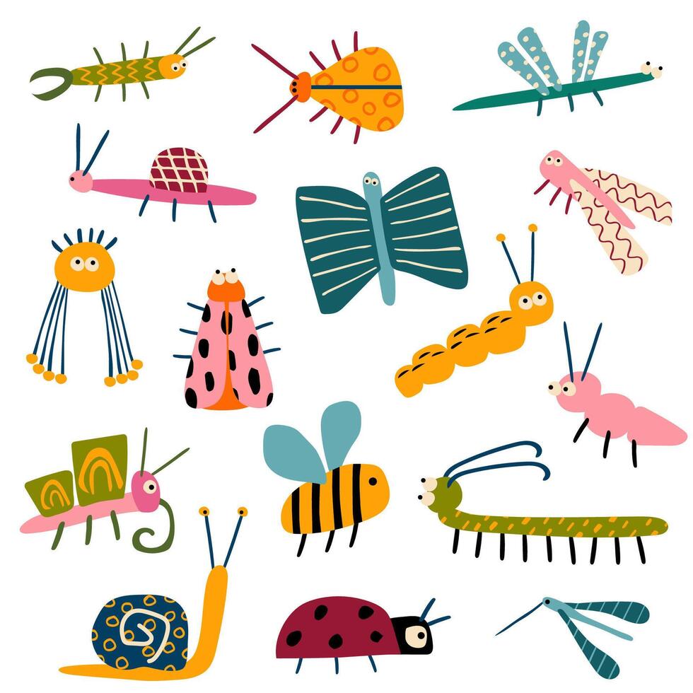 een reeks van verschillend insecten in kinderen vlak stijl. kever, lieveheersbeestje, mier, vlinder, libel, rups, duizendpoot klem kunst vector