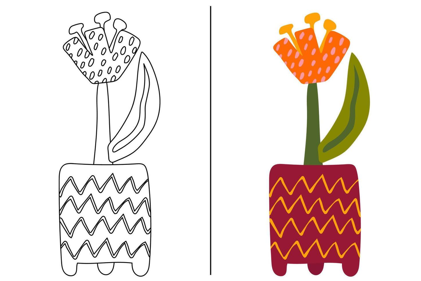 kleur hand- getrokken tulp bloem in een vaas Aan een wit. kinderen kleur boek vector