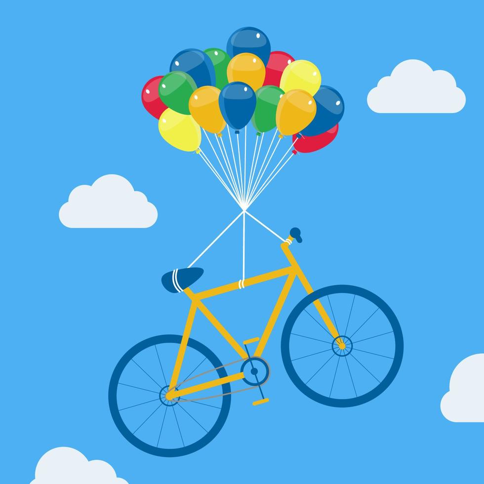 fiets stijgt met ballonnen. fiets hangend aan heliumballonnen, zwevend en zwevend in de lucht. vector