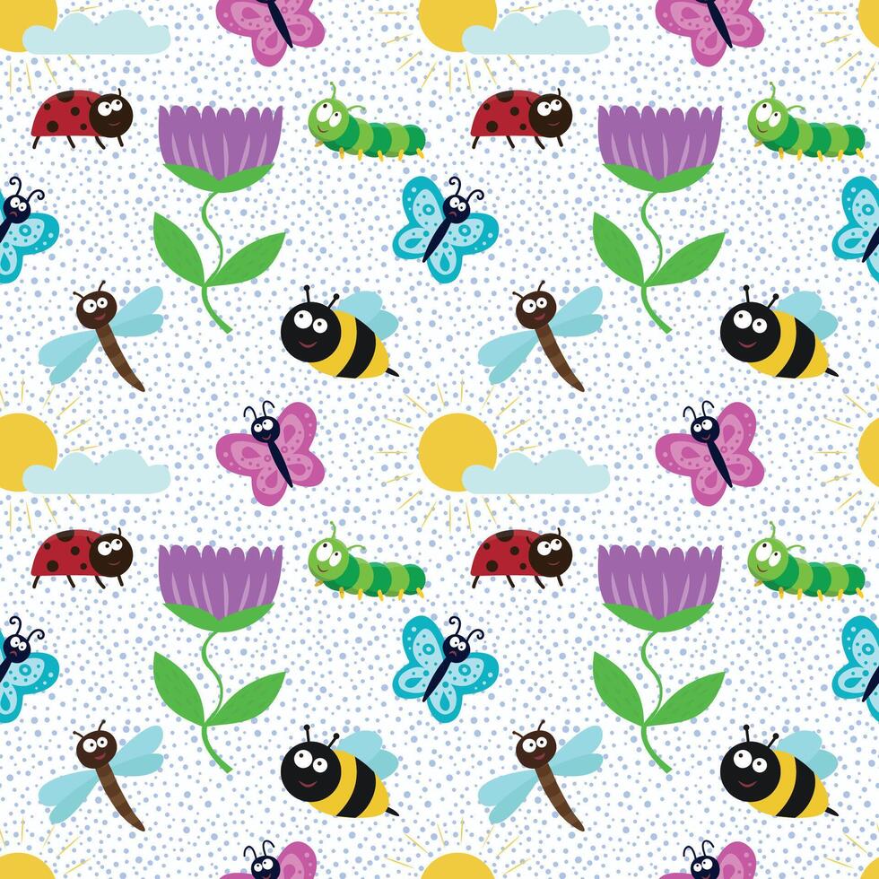 schattig naadloos patroon met insecten en bloemen. een ontwerp element voor het drukken Aan kleding stof. bijen, lieveheersbeestjes, vlinders, rupsen, libellen en planten. tekenfilm vlak illustratie vector