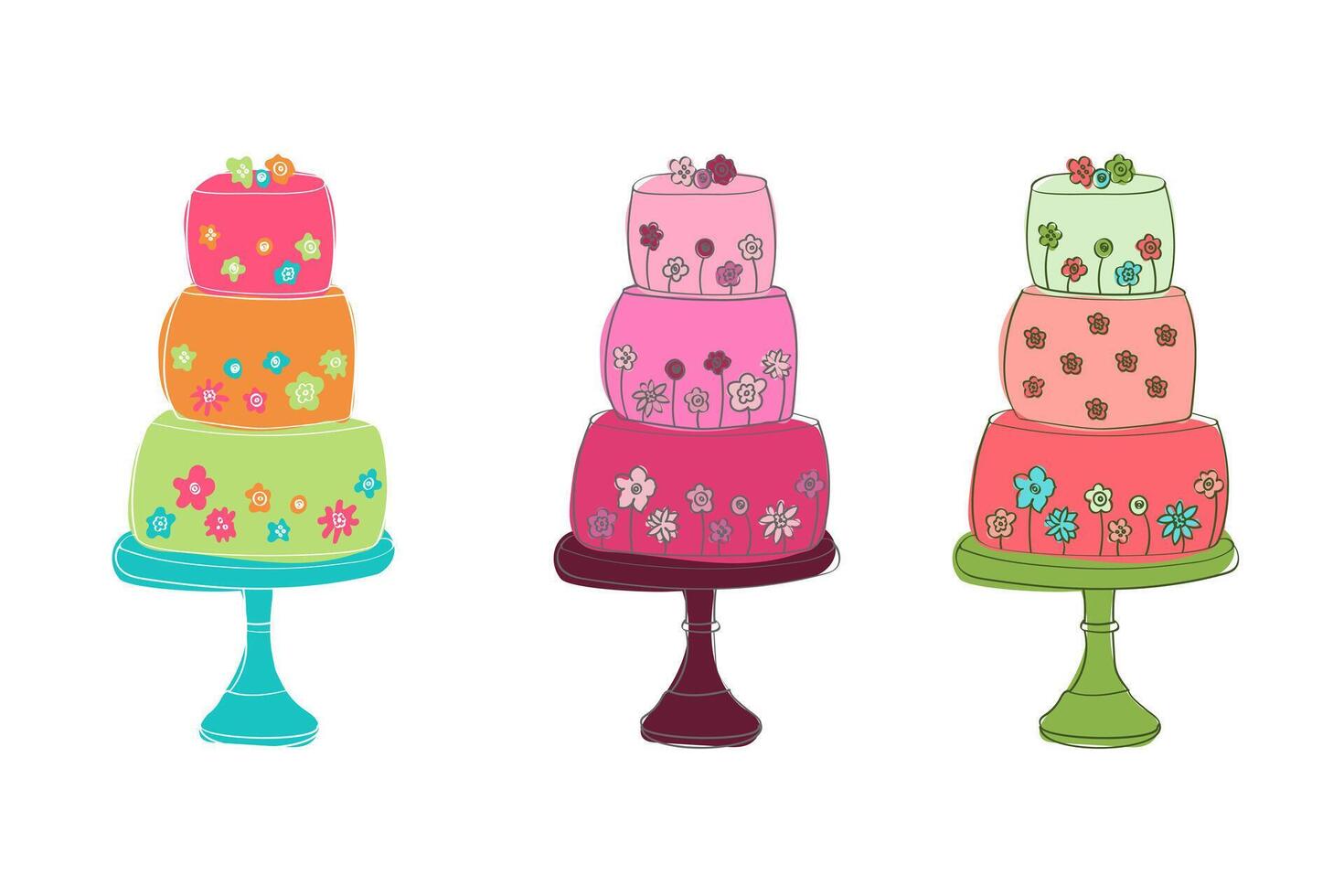 drie cakes van verschillend kleuren zijn geplaatst Aan top van elk ander, creëren een kleurrijk en visueel aantrekkelijk stack vector
