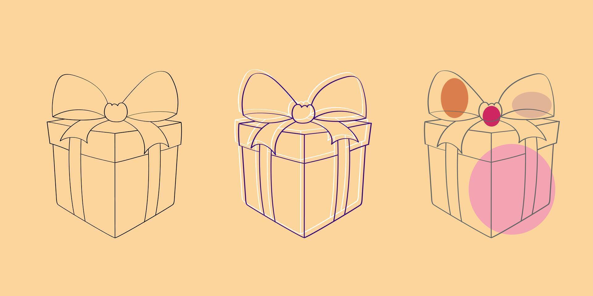 drie kleurrijk geschenk dozen zijn getoond, elk een met een decoratief boog Aan top. de dozen zijn netjes geregeld De volgende naar elk ander, creëren een feestelijk en blij tafereel vector