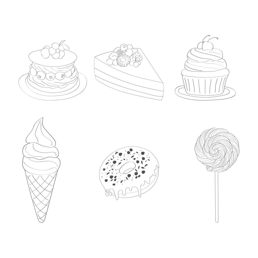 een gedetailleerd tekening shows divers cakes en toetjes, inclusief cupcakes, taarten, taarten, gebakjes, en koekjes vector