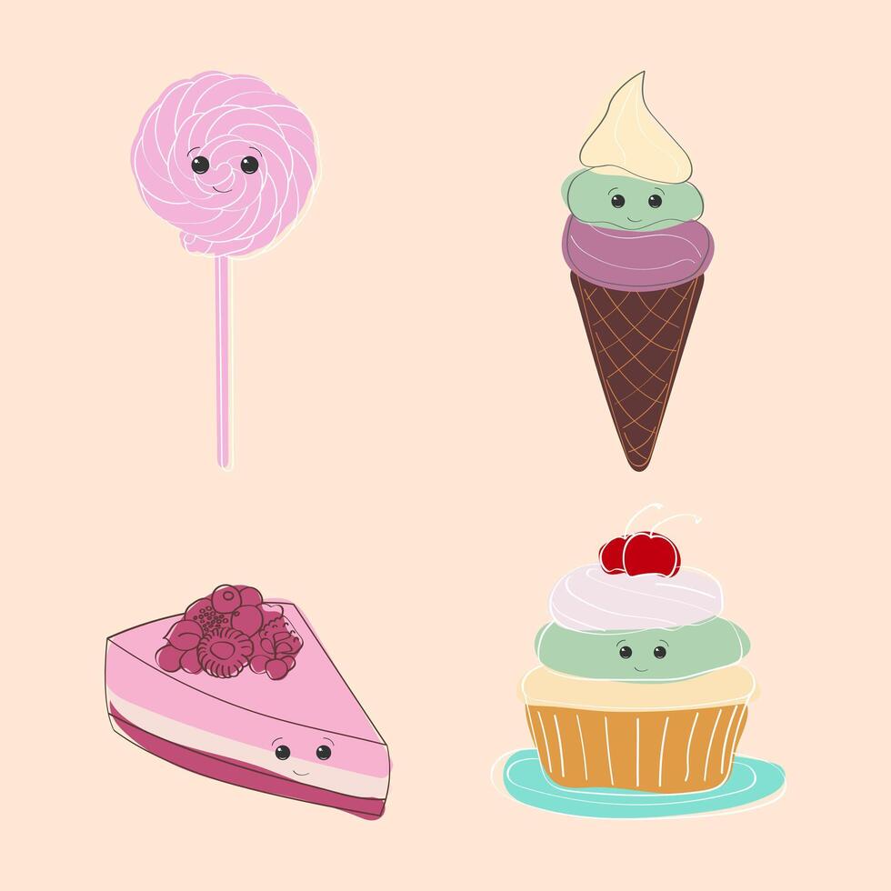 vier uniek emoticon desserts zijn weergegeven Aan een levendig roze achtergrond. de desserts variëren in kleuren, texturen, en vormen, creëren een opvallende Scherm van zoet behandelt vector