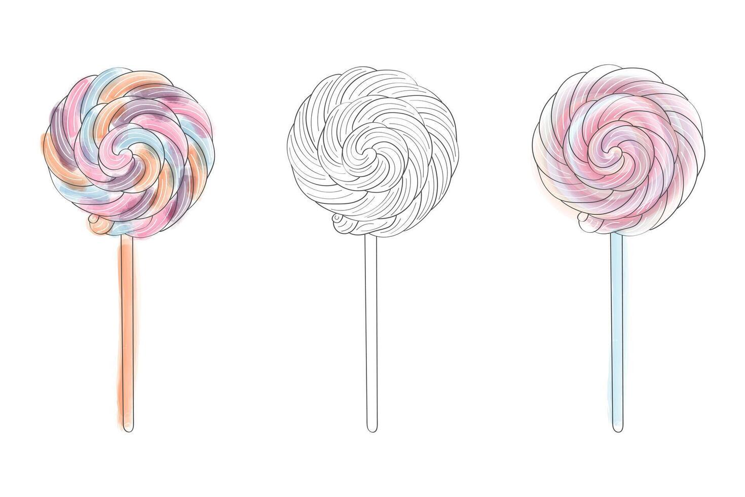 drie kleurrijk lolly zijn netjes bekleed omhoog in een Rechtdoor rij, creëren een visueel aantrekkelijk patroon. elk lolly Kenmerken een verschillend smaak en uniek kolken ontwerp Aan haar ronde snoep oppervlakte vector