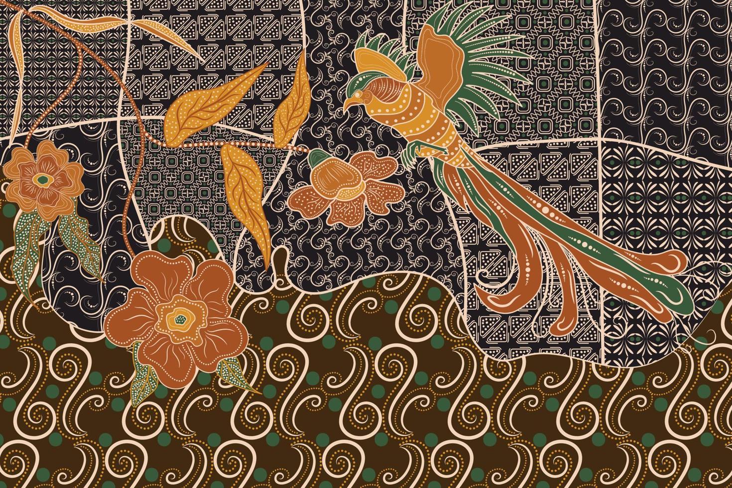 traditionele Aziatische handgetekende batik. vogel- en bloemmotieven. creatieve batik traditioneel voor patroonstof en textiel vector