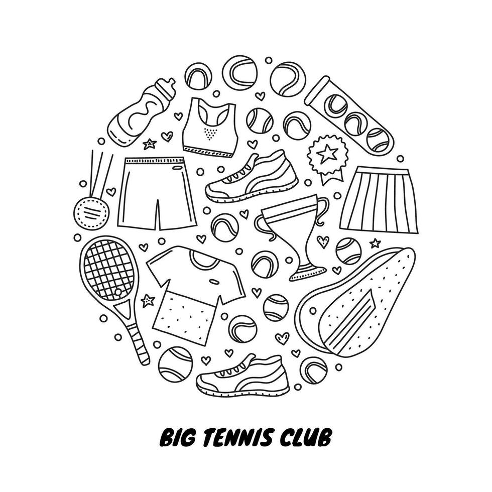 tekening groot tennis en sport items in cirkel. vector