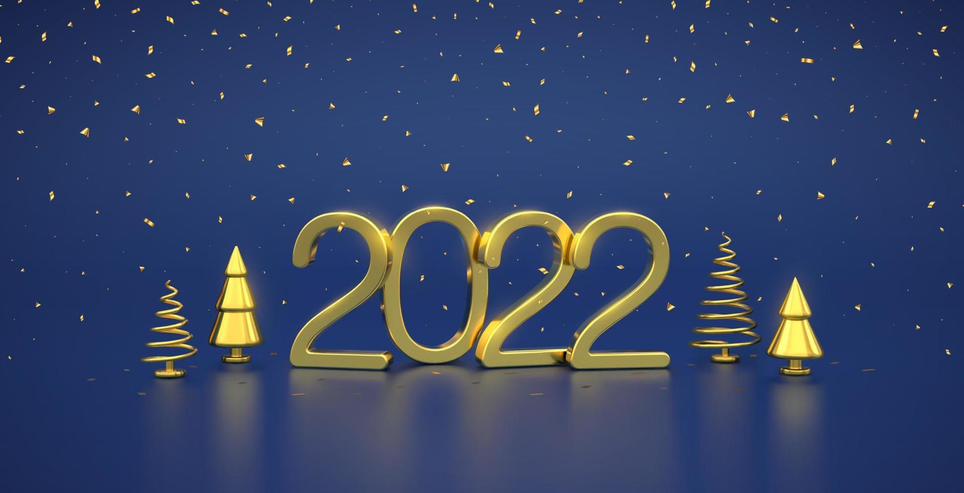 gelukkig nieuw 2022 jaar. 3D-gouden metalen nummers 2022 met gouden metalen kegelvorm dennen, sparren en confetti op blauwe achtergrond. xmas achtergrond, kaart, koptekst. realistische vectorillustratie. vector