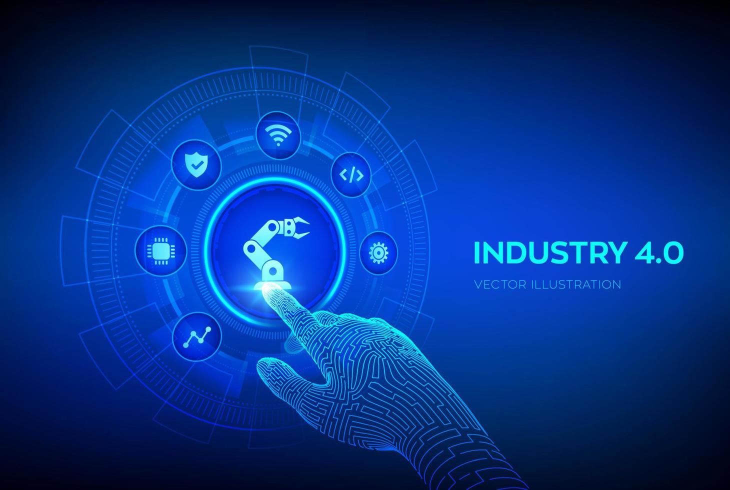 slimme industrie 4.0-concept. Fabrieksautomatisering. autonome industriële technologie. industriële revolutie stappen. robot hand aanraken van digitale interface. vectorillustratie. vector