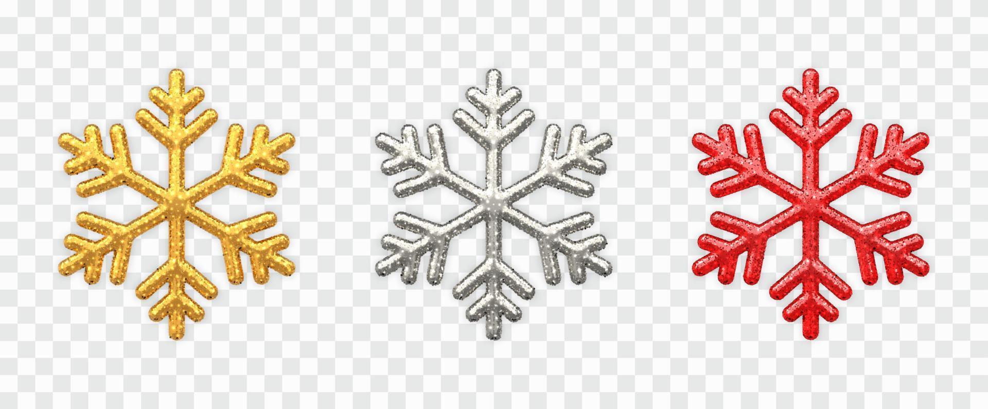 sneeuwvlokken instellen. sprankelende gouden, zilveren en rode sneeuwvlokken met glitter textuur geïsoleerd op transparante achtergrond. kerst decoratie. vectorillustratie. vector