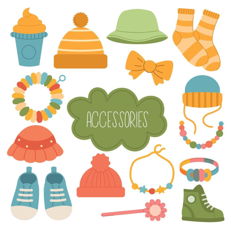 kinderen accessoires en kleren tekenfilm set, omvatten hoeden, armbanden, sportschoenen, armband, zitzak. illustratie vector