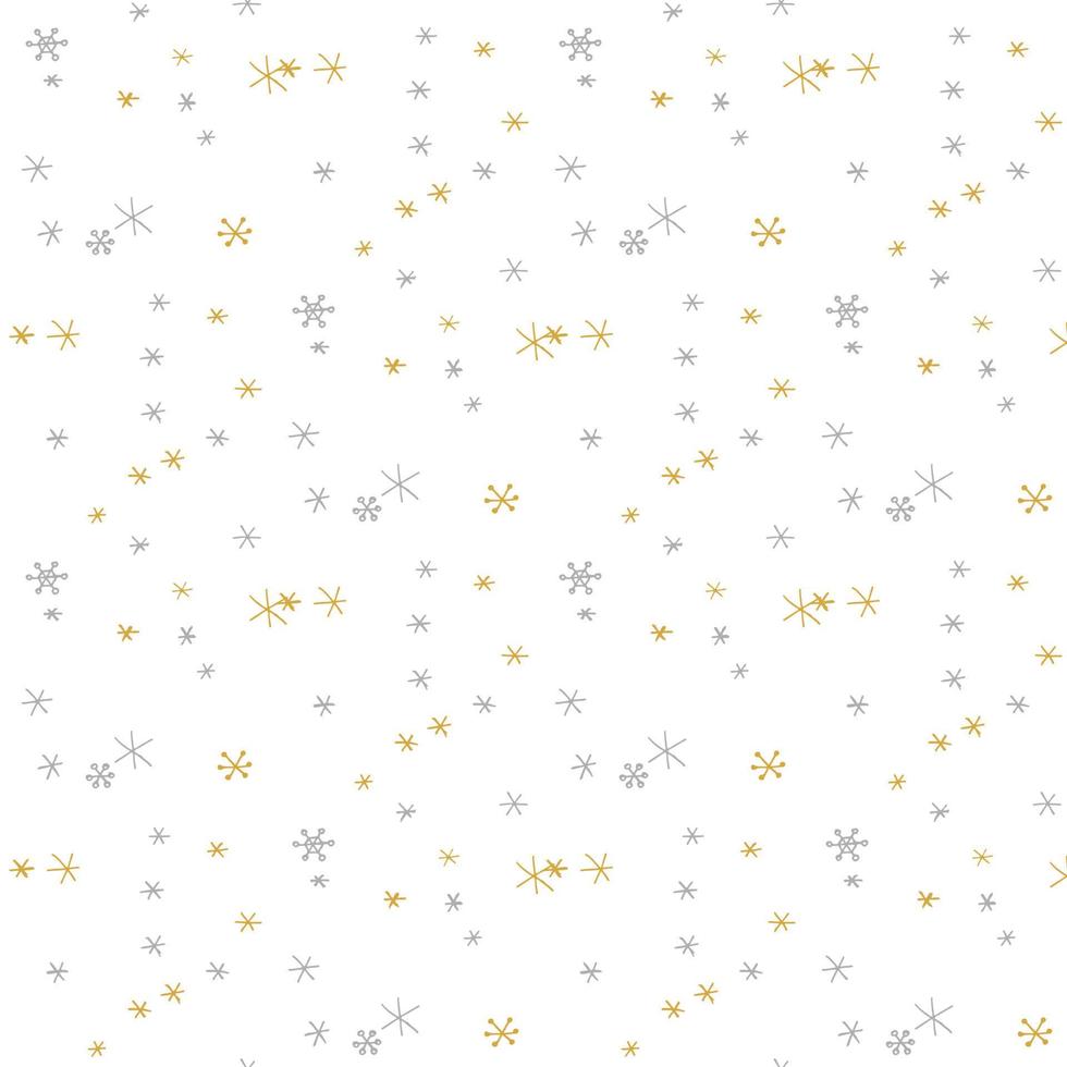 naadloze patroon in doodle stijl. winter eindeloze illustratie is met de hand getekend. gelukkig nieuwjaar 2022 en vrolijk kerstfeest. gouden en zilveren sneeuwvlokken op een witte achtergrond. vector