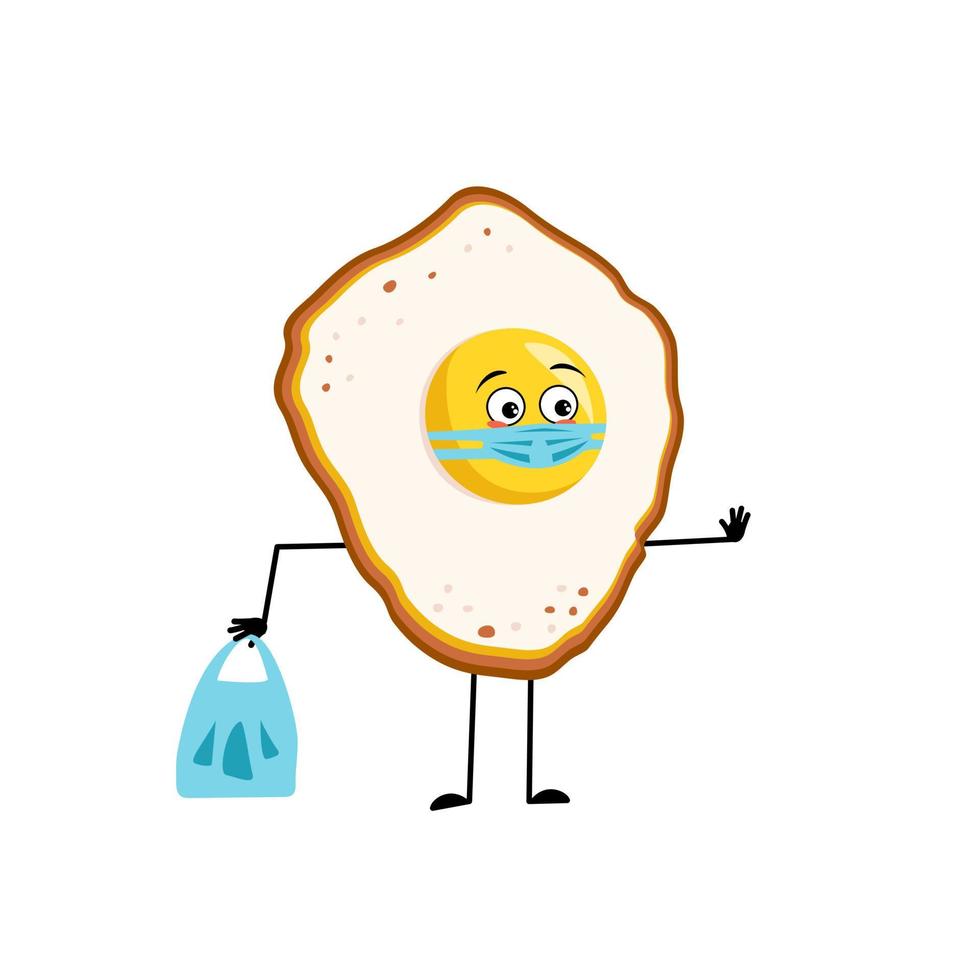 schattig karakter roerei met dooier en eiwit, met droevige emoties, gezicht en masker houden afstand, handen met boodschappentas en stopgebaar. leuk eten voor het ontbijt. platte vectorillustratie vector