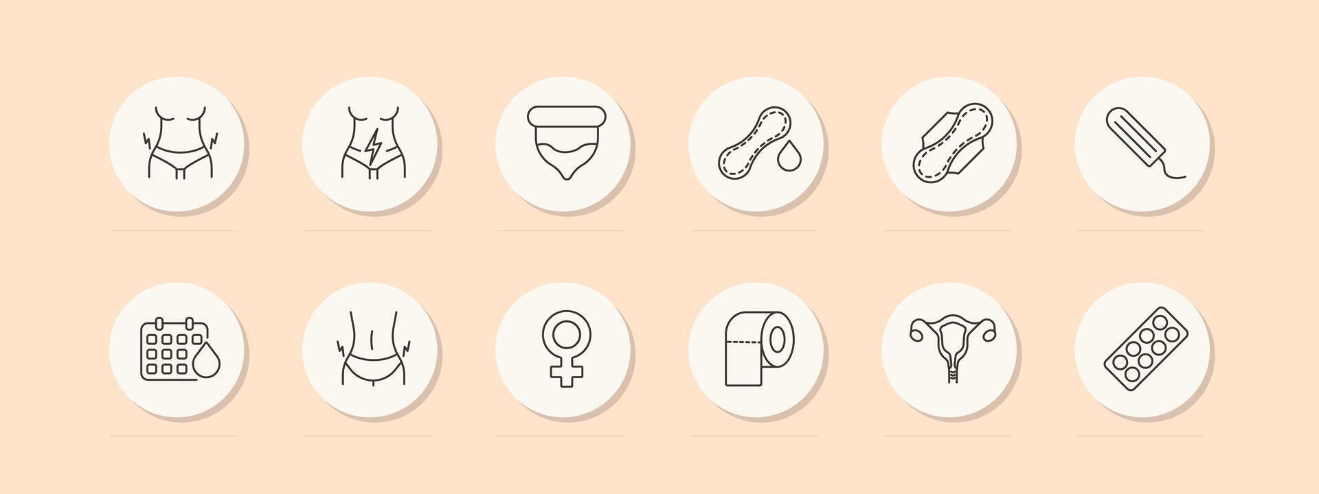 menstruatie reeks icoon. condoom, tampon, kussen, pak van vrouw geslacht pillen, kalender, bloed, bliksem, vrouw voortplantings- orgaan, toilet papier. zelf zorg concept. lijn icoon. vector