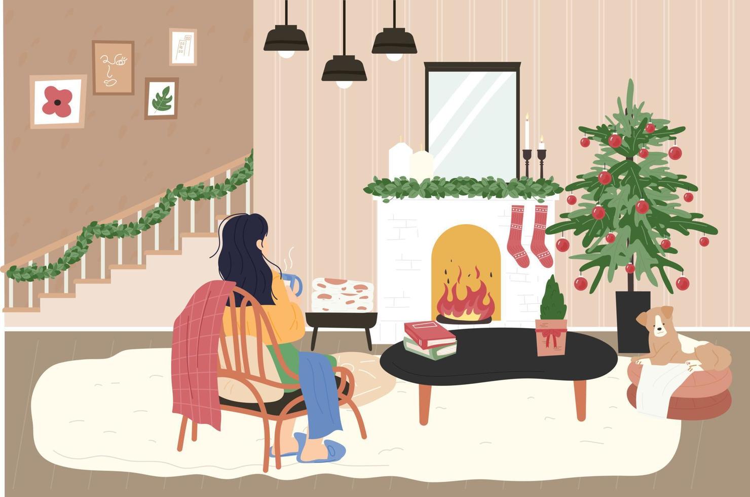 een vrouw zit voor een open haard. haar huis is versierd voor Kerstmis. vector