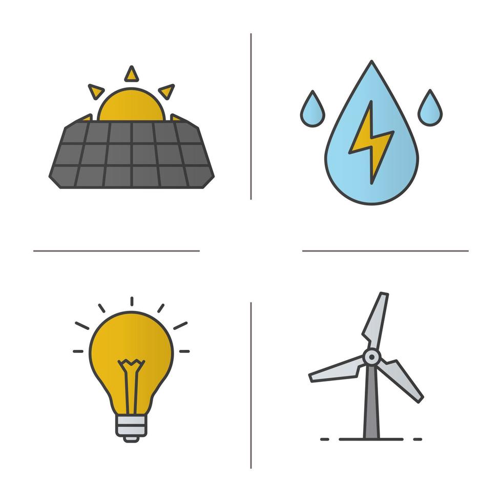 eco energie kleur pictogrammen instellen. zonnepanelen, windmolen, waterenergie, gloeilamp. geïsoleerde vectorillustraties vector