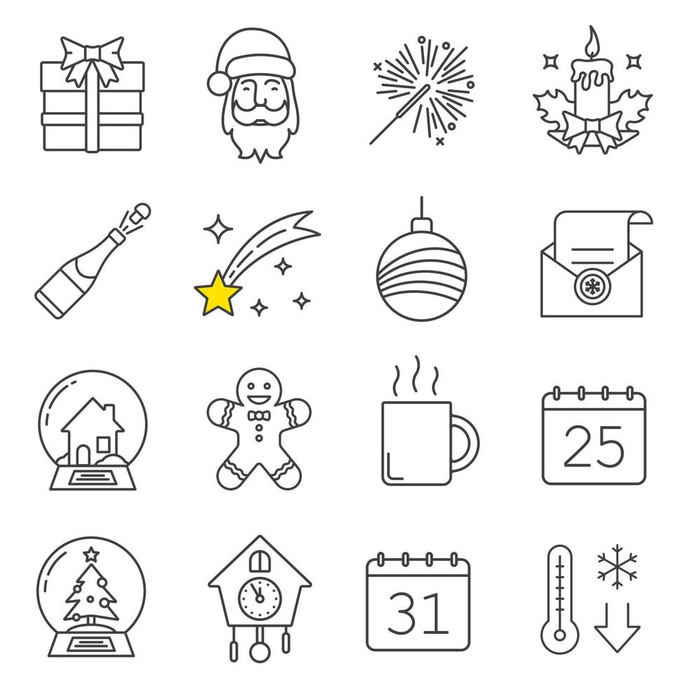 Kerstmis en Nieuwjaar lineaire pictogrammen instellen. geschenkdoos, kerstman, sterretje, kaars, champagne, vallende ster, kerstboombal, sneeuwbollen, gemberman, warme kop. dunne lijn. geïsoleerde vectorillustraties vector