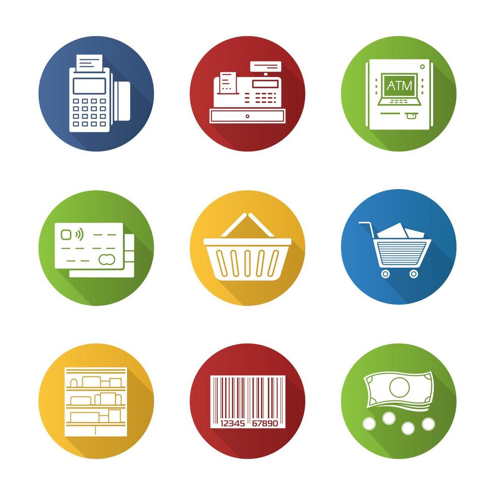 supermarkt platte ontwerp lange schaduw iconen set. betaalautomaat, kassa, bankautomaat, creditcard, winkelmandje en kar, winkelschappen, barcode, contant geld. vector silhouet illustratie