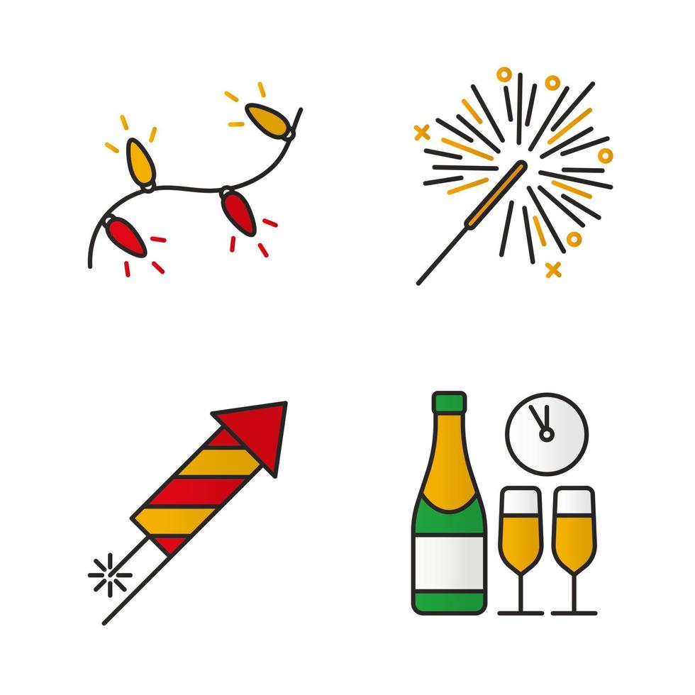 kerst kleur pictogrammen instellen. Oudjaarsavond. kerstboomslinger, raketvuurwerk, sterretje, champagnefles en glazen. geïsoleerde vectorillustraties vector