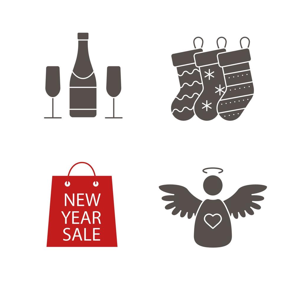 kerst pictogrammen instellen. nieuwe jaar silhouet symbolen. kerstcadeau sokken, champagnefles en glazen, boodschappentas, engel. vector geïsoleerde illustratie