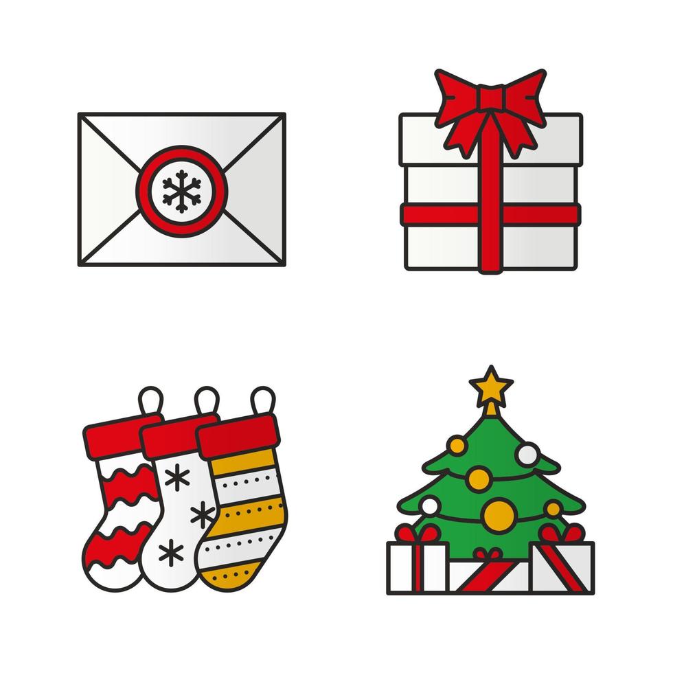 Kerstmis en Nieuwjaar gekleurde pictogrammen instellen. geschenkdoos, brief aan de kerstman, sokken voor cadeautjes, versierde kerstboom. geïsoleerde vectorillustraties vector