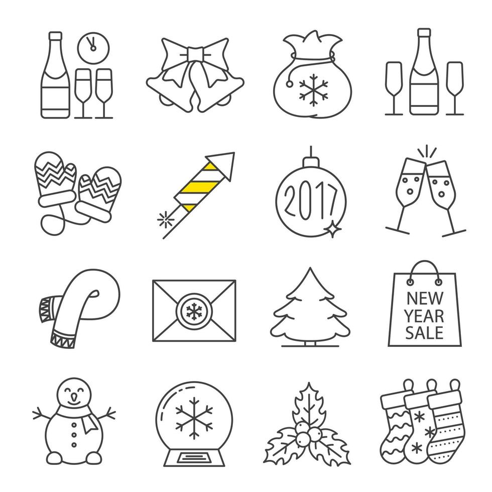 Kerstmis en Nieuwjaar lineaire pictogrammen instellen. champagne, jingle bells, sneeuwpop, kerstboom bal 2017, vuurwerk, wanten, sjaal, dennenboom. dunne lijn contour symbolen. geïsoleerde vectorillustraties vector