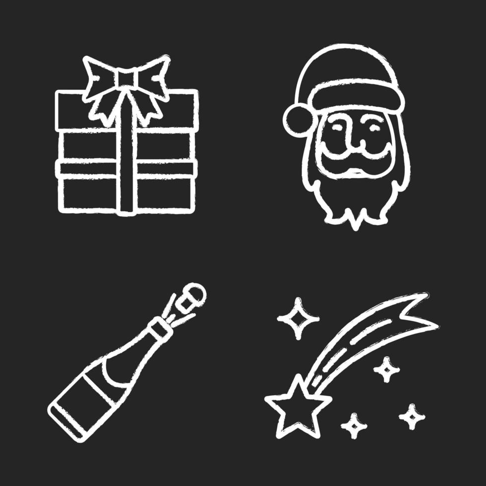 Kerstmis en Nieuwjaar krijt pictogrammen instellen. geschenkdoos, kerstman, champagnefles, vallende ster van bethlehem. geïsoleerde vector schoolbord illustraties