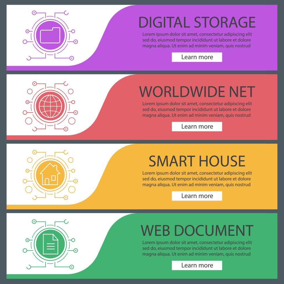 digitale banner sjablonen instellen. cybertechnologie. map, wereldwijd net, slim huis, webdocument. website menu-items met lineaire pictogrammen. kleur webbanner. ontwerpconcepten voor vectorkoppen vector