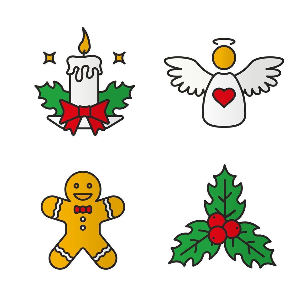 Kerstmis en Nieuwjaar gekleurde pictogrammen instellen. kerstkaars, engel, gemberman, hulstbessen. geïsoleerde vectorillustraties vector