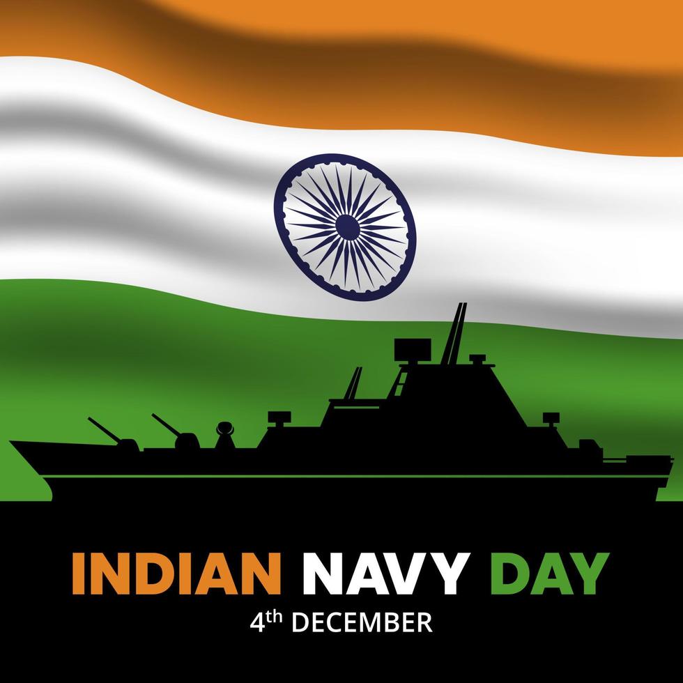 gelukkige indische marine dag achtergrond met een vlag en silhouet marineschip vector