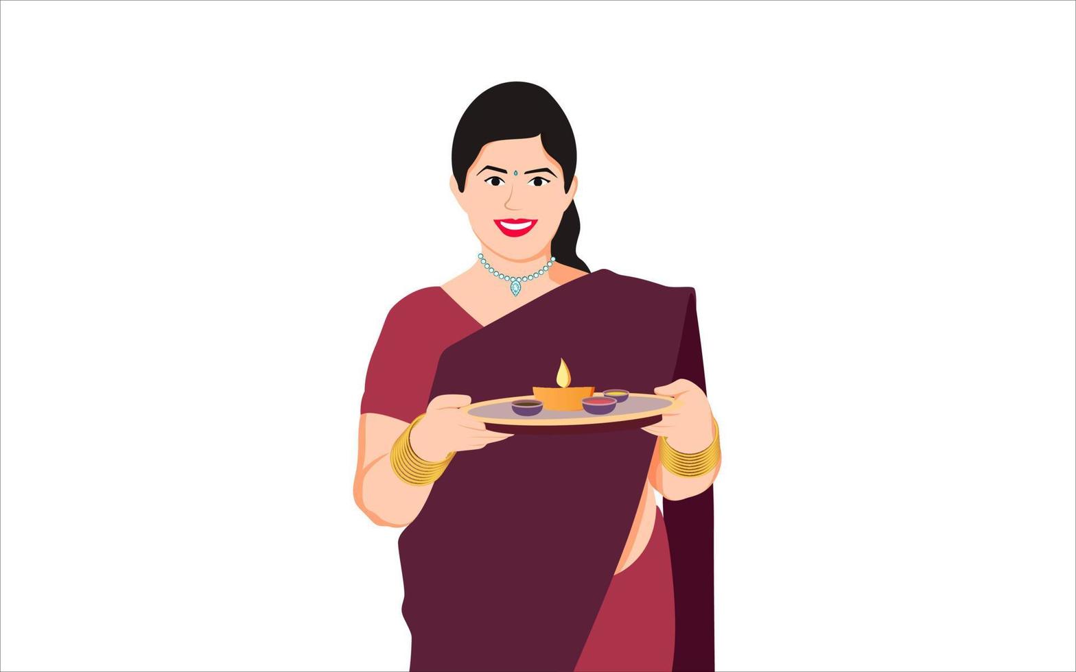 Indiase vrouwen met arti thali karakter illustratie op witte achtergrond. vector