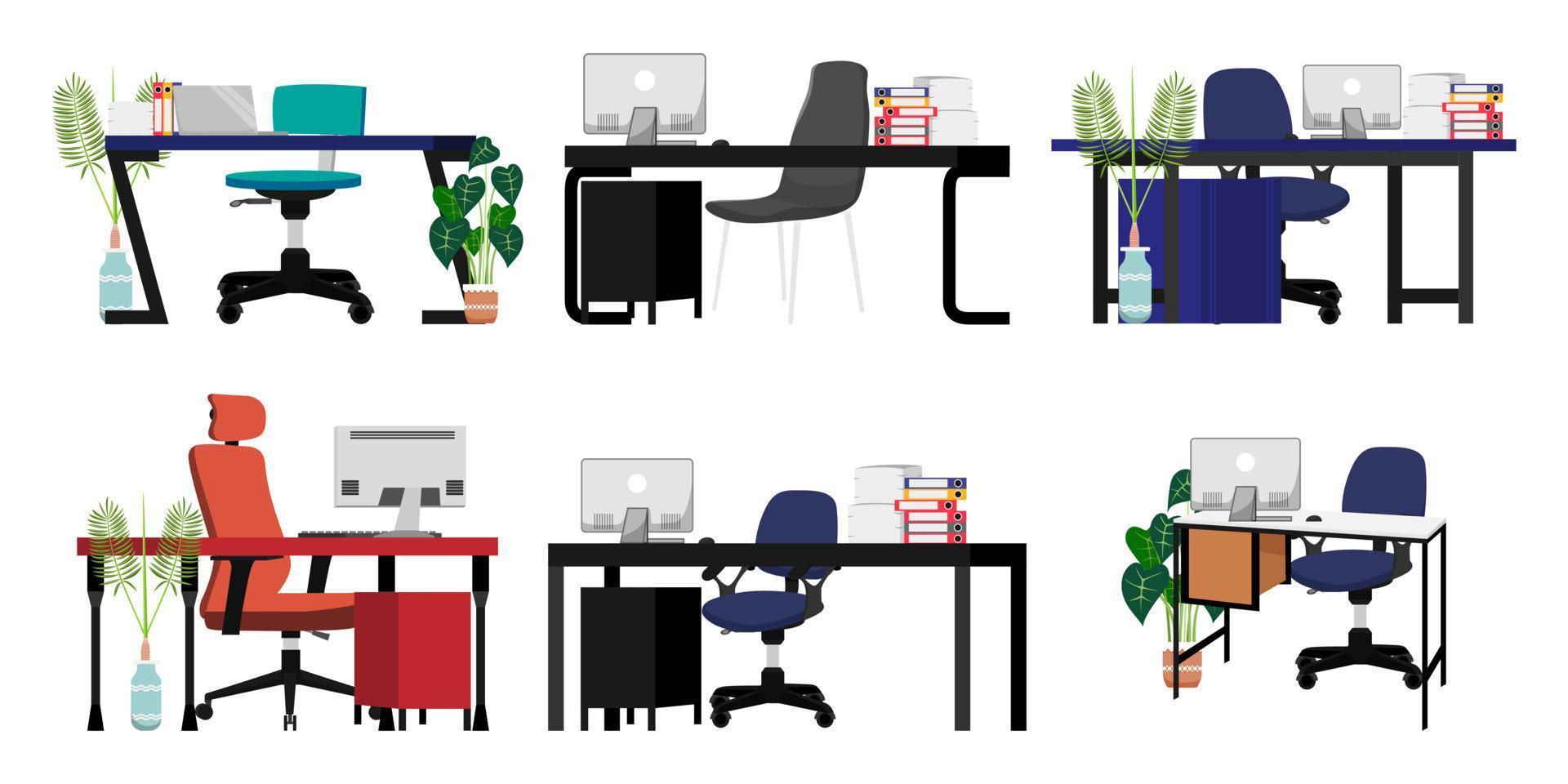 mooie bureauset voor thuiskantoor freelancer met ander ontwerp met stoel tafel enkele papieren stapel bestandsmap en kamerplanten vector