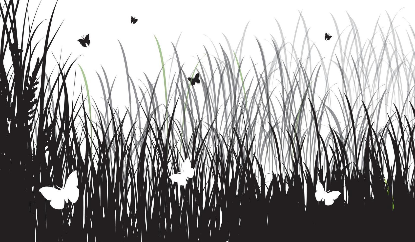 achtergrond met silhouetten van vlinders, bloemen en gras, vectorillustratie vector