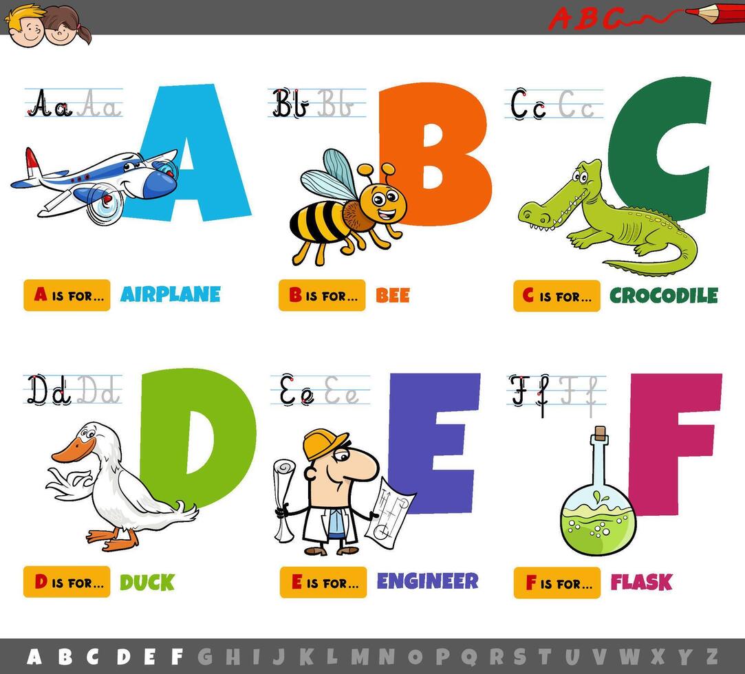 educatieve cartoon Alfabetletters voor kinderen van a tot f vector