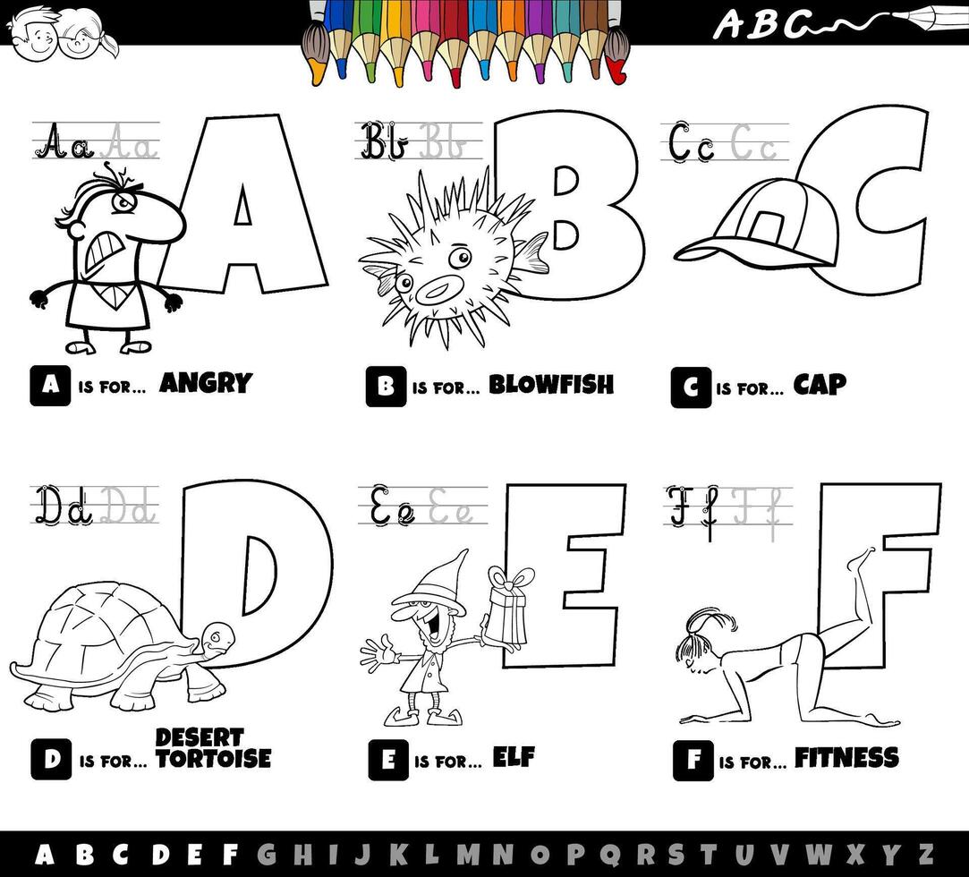 educatieve cartoon Alfabetletters ingesteld van a tot f kleurenpagina vector